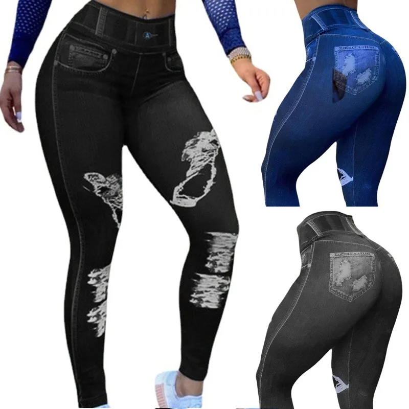 

2022 Elastic High Waist Imitating Jeans Pencil Pants Slim Single Women Skinny Frayed Denim Trousers Fashion