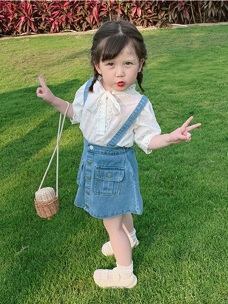 

Girls Fashion Suit 2022 New Summer Lace Medium Sleeve Shirt Top + Denim Strap Skirt 2-Piece Casual Lovely Children's Clothing