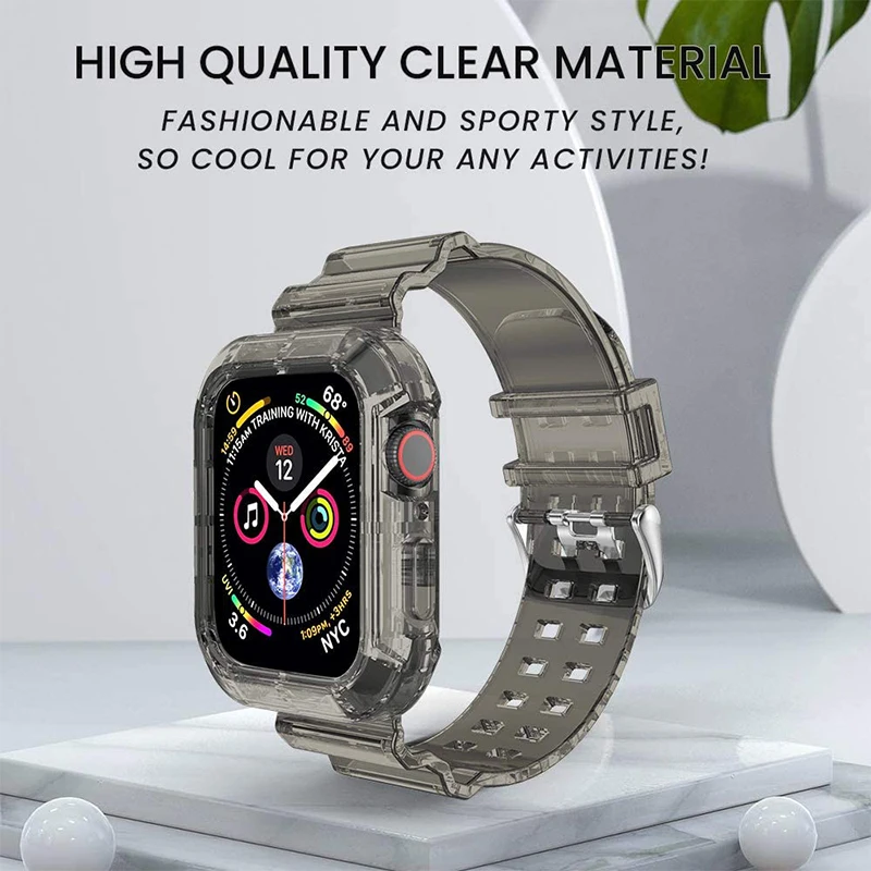 Clear Band + Case for Apple Watch Series 8 7 6 SE 5 49mm 45mm 44mm 42mm 41mm Transparent Plastic for iwatch 4 3 38mm 40mm Strap