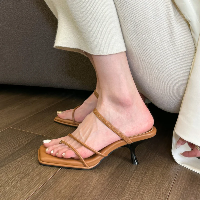 Summer Women Slipper Fashion Narrow Band Square Toe Ladies Elegnat Thin High Heel Slides Female Dress Outdoor Sandalias