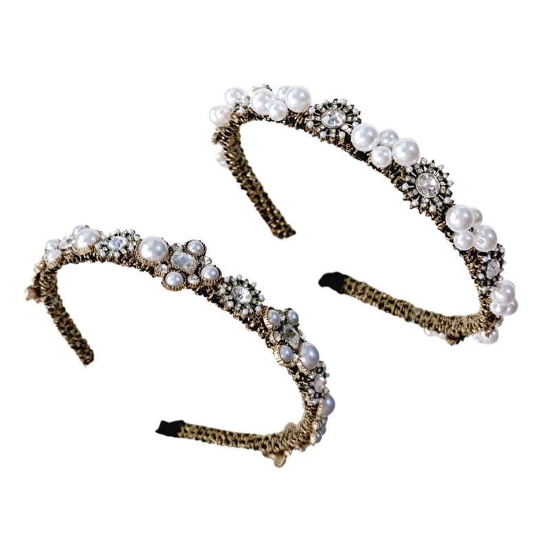 

L5YA Vintage Crystal Headband Bridal Headpieces Party Props Stunning Pearls Crown Eye-catching Headband Korean-style