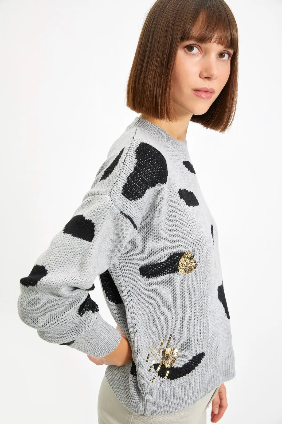 

Gray Jacquard Sequin Detailed Knitwear Sweater
