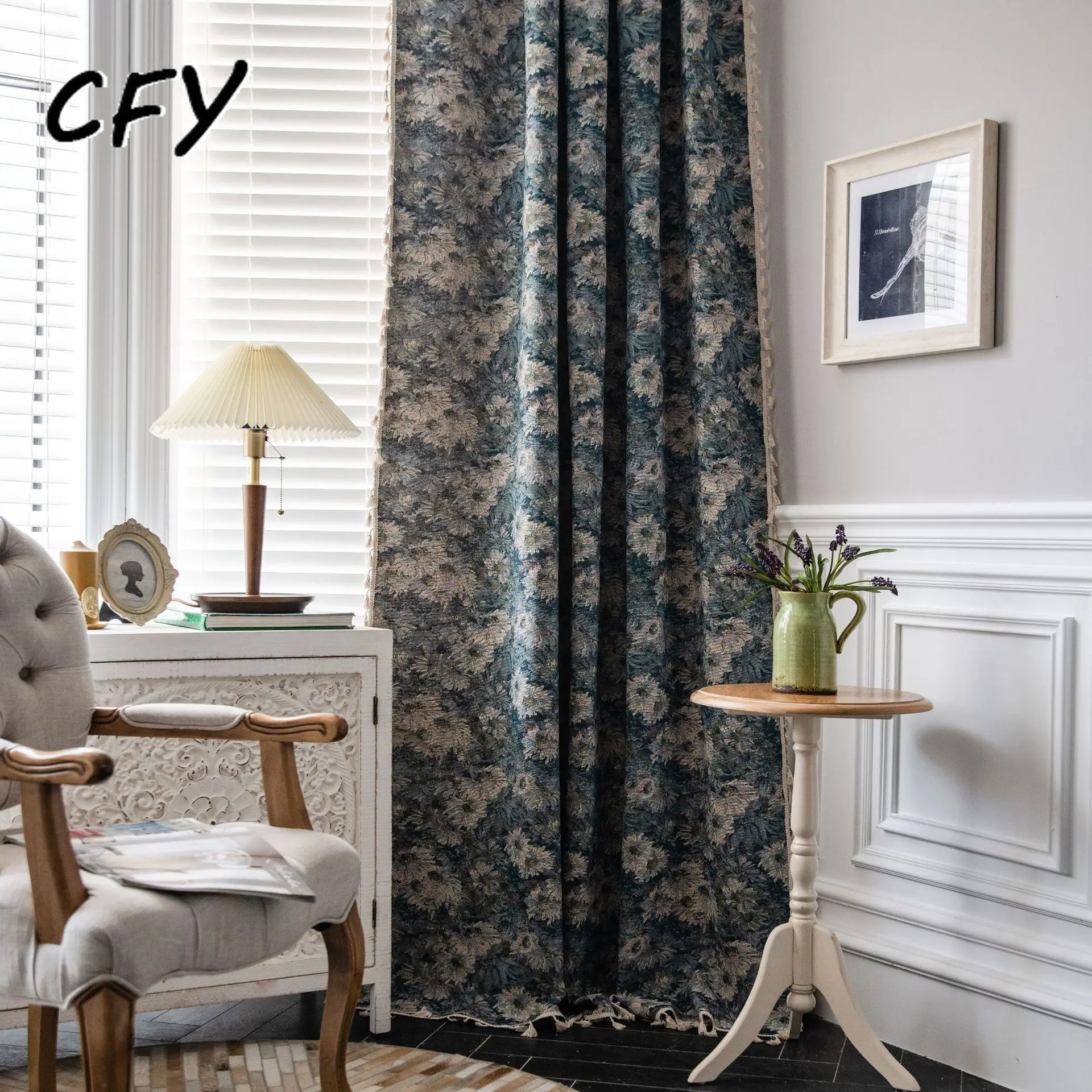 

Floral Jacquard with Tassels Oil Painting Curtain Thick Blackout Curtains for Living Room American Vintage Drape Kitchen Valance