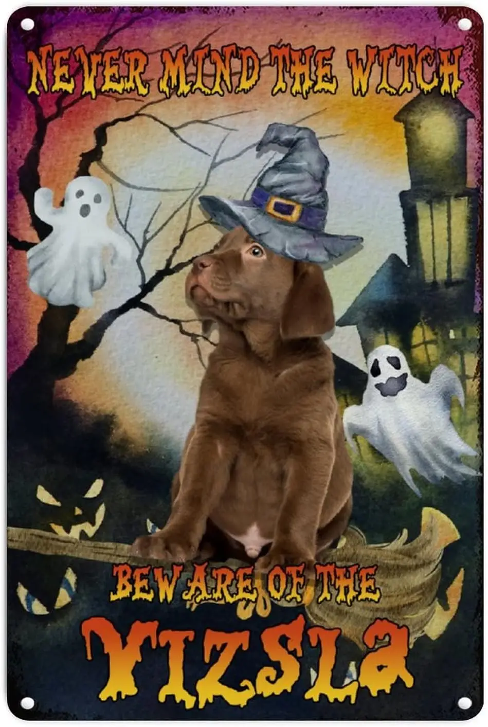 Vntge Metl Wll Decor Never Mnd The Wtch Bewre of Dog Golden Retrever Tn Sgn Hoween wth Ht Ghost 812n