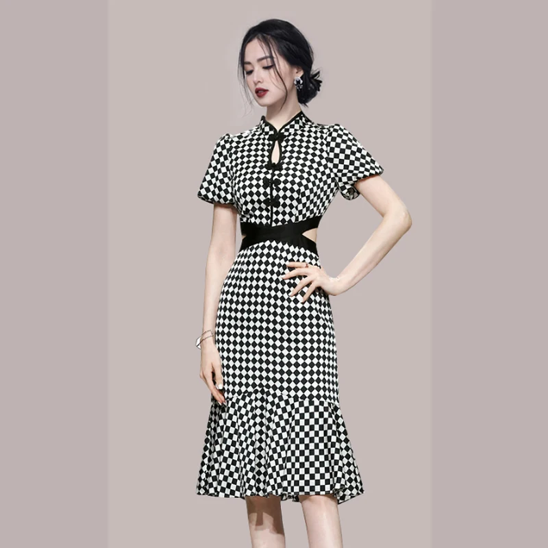 Платье-Ципао в улучшенном стиле длинное ажурное клетчатое ретро платье