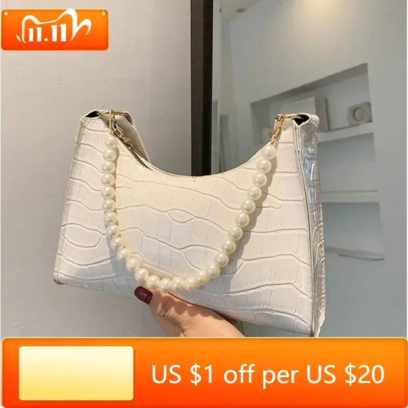 

Armpit Bag Women Retro Handbag PU Leather Underarm Shoulder Bag Fashion Pearl Top Handle Bag Female Small Subaxillary Bag Clutch