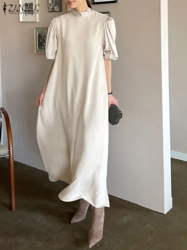 

ZANZEA Casual Solid Loose Maxi Dress Elegant Women Party Dating Vestidos Evening Robe Longue Oversized Satin Patchwork Sundress