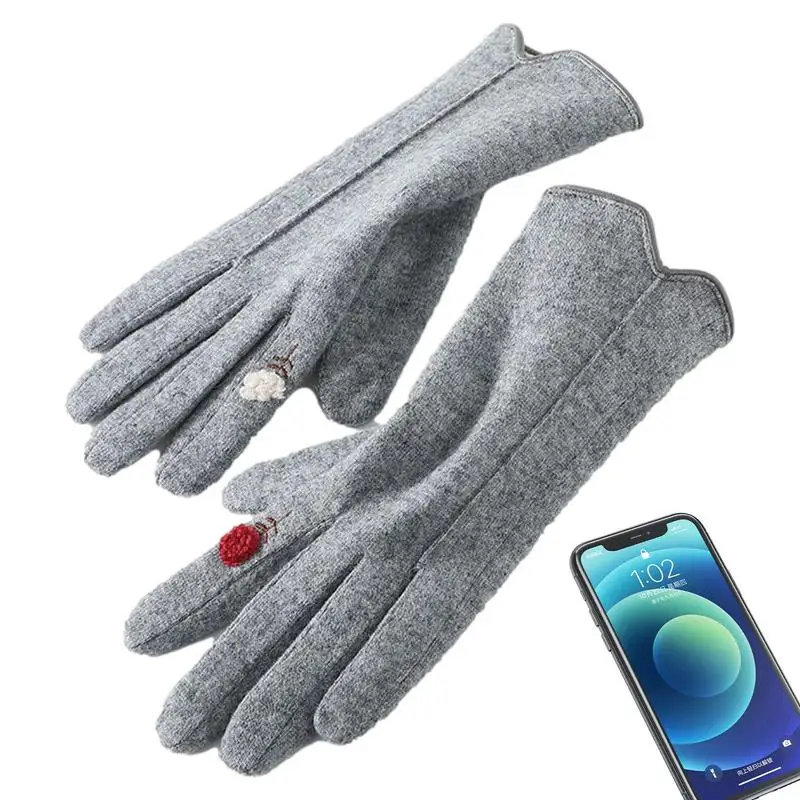 

Knit Gloves Women Thermal Cashmere Gloves With Flower Thickening Warm Full Finger Heart Shape Touchscreen Design For Cycling