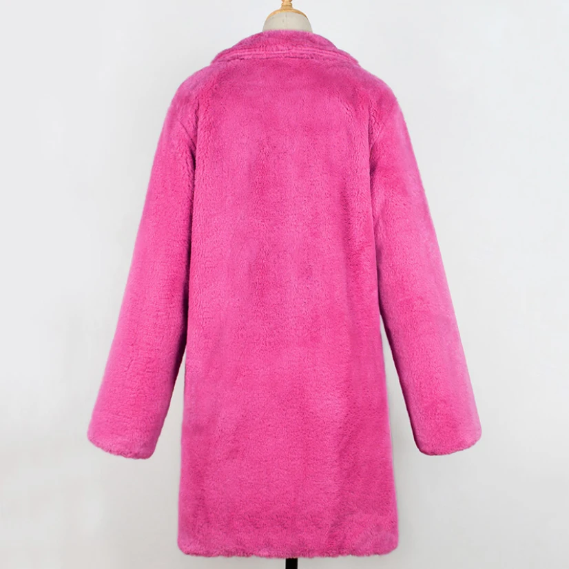 2022 Women Rose Red Faux Fur Long Teddy Coat Autumn Winter Female Casual Warm Overcoat Elegant Ladies Turn-down Collar Parka