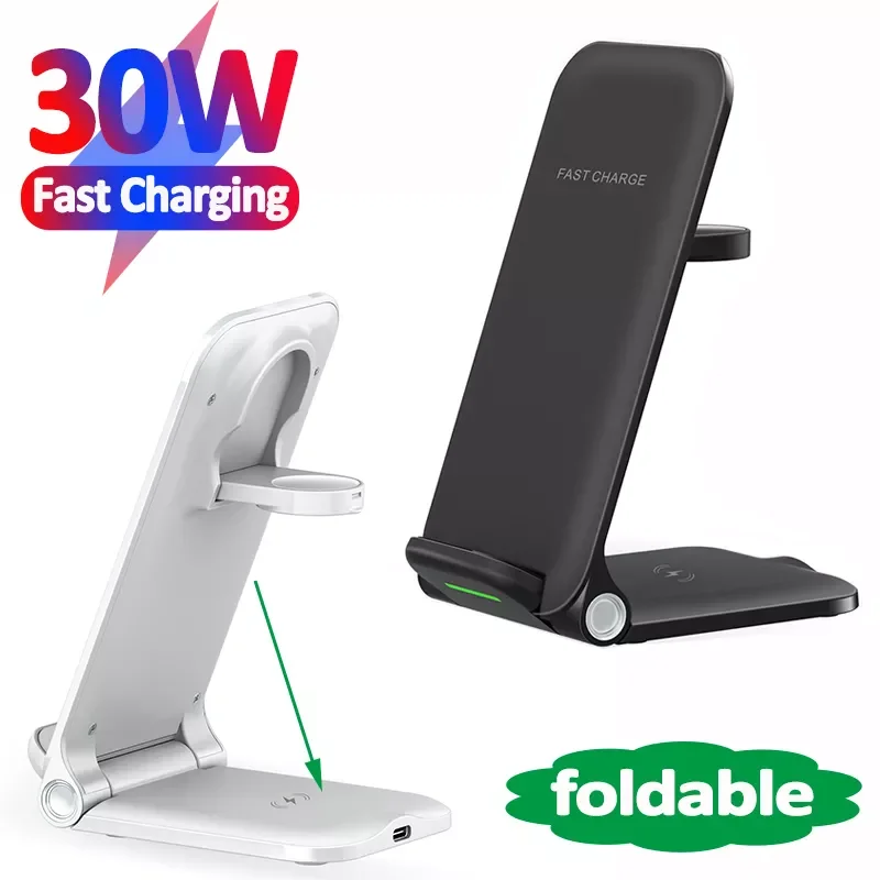 

3 in 1 30W Qi Wireless Charger Stand For Apple Watch 7 SE 6 5 4 AirPods iPhone Samsung Xiaomi etc Induction Fast Charger Station