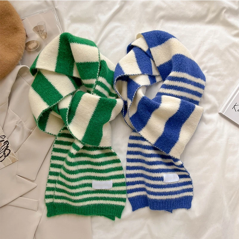 

Korean Style Knitted Scarf for Women Winter Fashion Warm Wool Neckerchief Striped Skinny Echarpe New Elastic Deisgn Foulard 2022