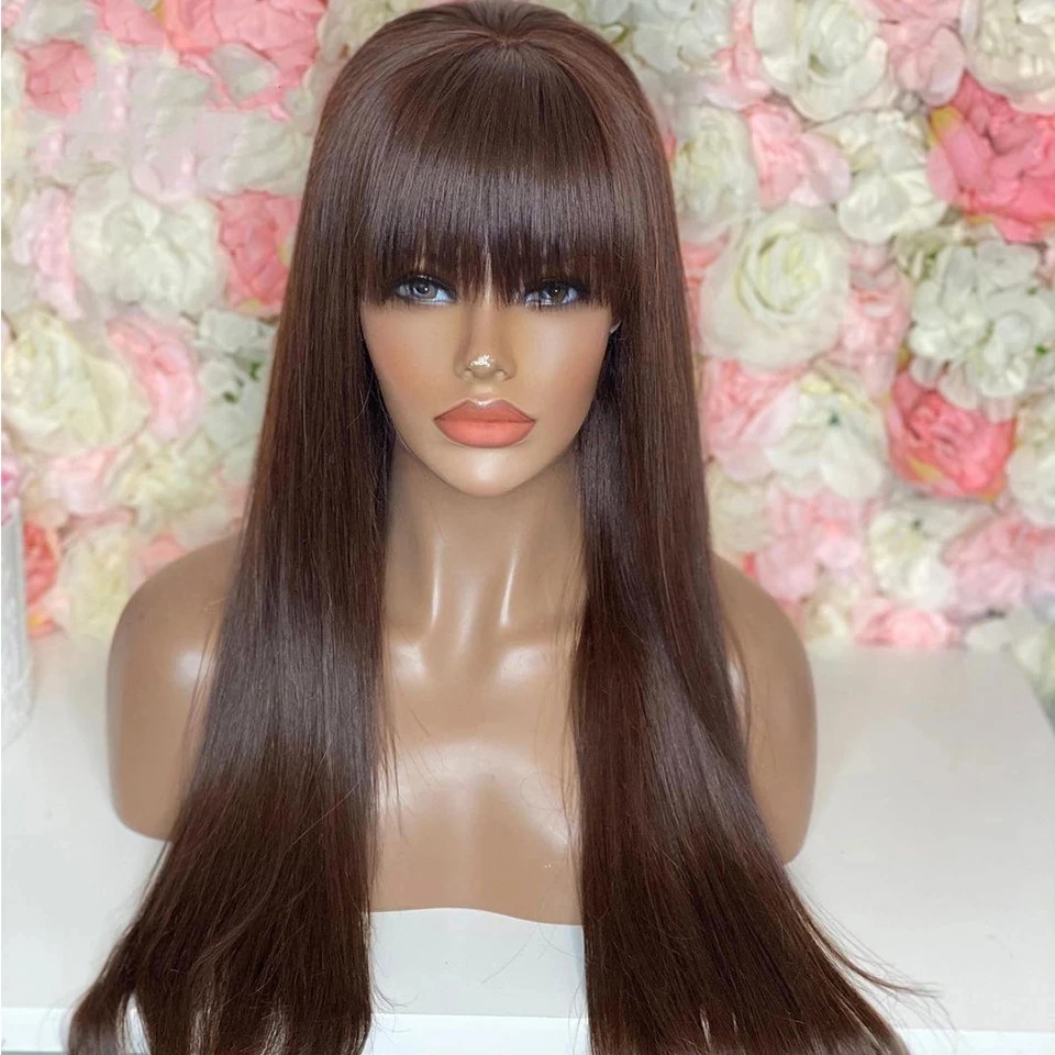 

Synthetic Hair Lace Front Wig With Bangs Chocolate Brown Lace Frontal Wigs For Black Women Soft Silky Straight Long Fringe Wigs