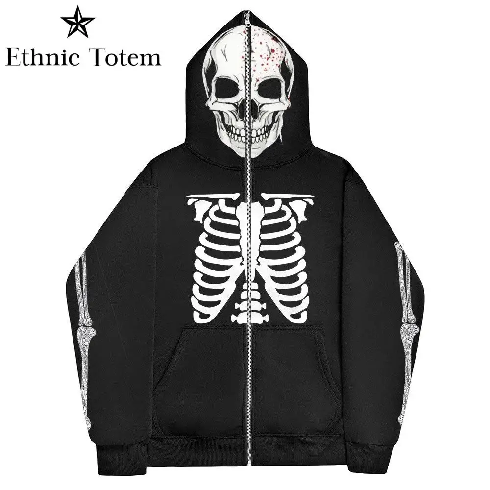 

Y2K Skeleton Hoodies Men Gothic Black Full Zip Up Female Retro Harajuku Skull Streetwear Sweatshirts Oversized Hooded Tops