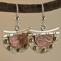 boho ethnic fan shaped dangle earrings for women vintage tricolor metal carved flower drop earrings wedding party jewelry gifts