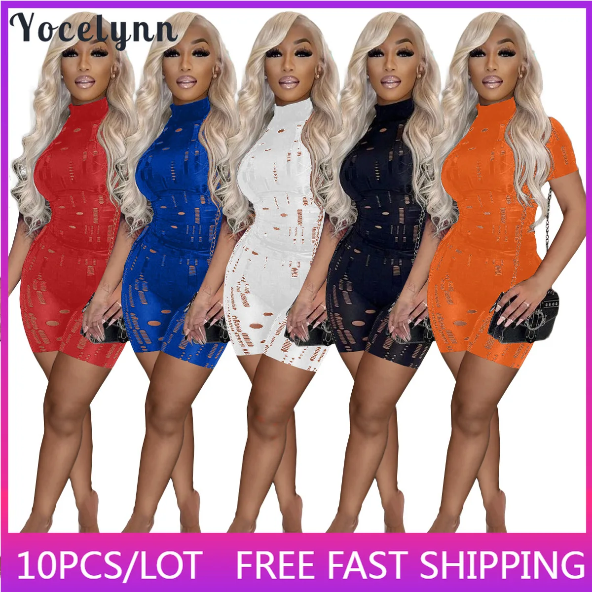 

Wholesale Items for Women Clothing Sexy Short Sleeve Holes Hollow Out Top Shirts and Biker Shorts Two Piece Sets for Women 2022