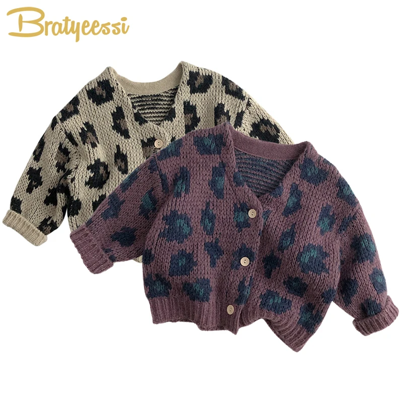 

Mohair Children Knitted Sweaters Winter Fall Leopard Kids Cardigan Coats for Girls Boys Outerwear Clothes Baby Knitwear