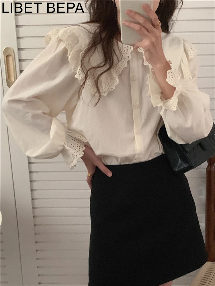 

BL9797 New 2022 Pagoda Sleeve Shirts Korean Fashion Wild Office Oversized Women Blouse Autumn Winter Vintage Elegant Lady Tops