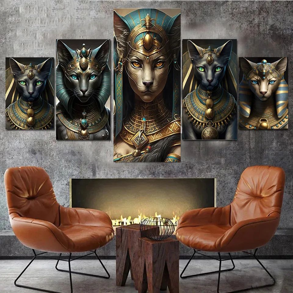 

Картина из искусственных бриллиантов в виде древней египетской кошки, богини, 5 панелей, 2023