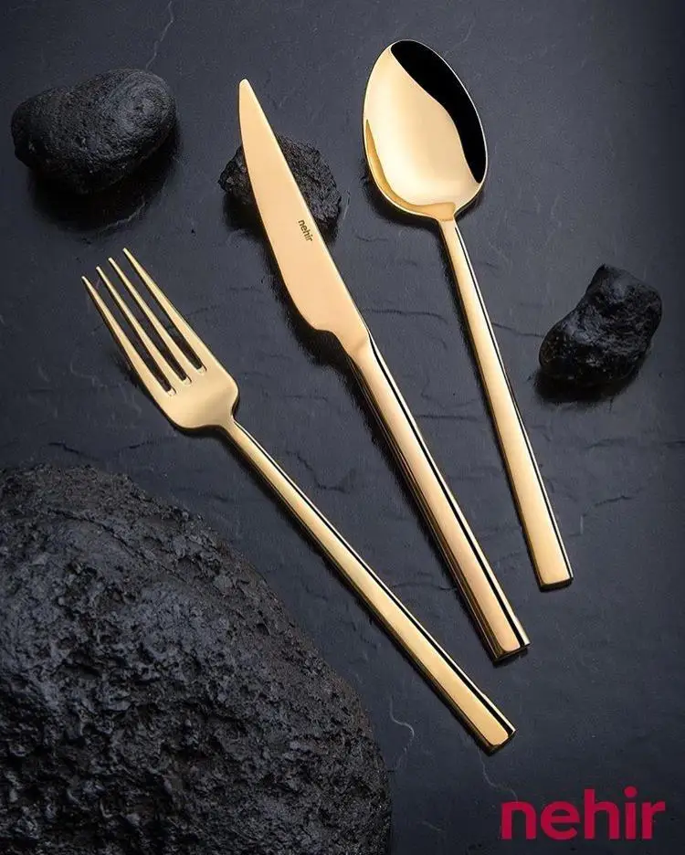 

River Dalyan Kitchen Full Gold Bright 84 Piece Boxed Together With Fork, Spoon, Knife Set Golden Series Stylish Design