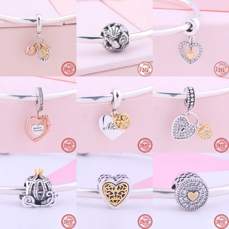 

925 Sterling Silver Golden Heart Birthday Candle Castle Tree Dangle Charm Crown Beads Fit Original Brand Bracelets DIY Jewelry