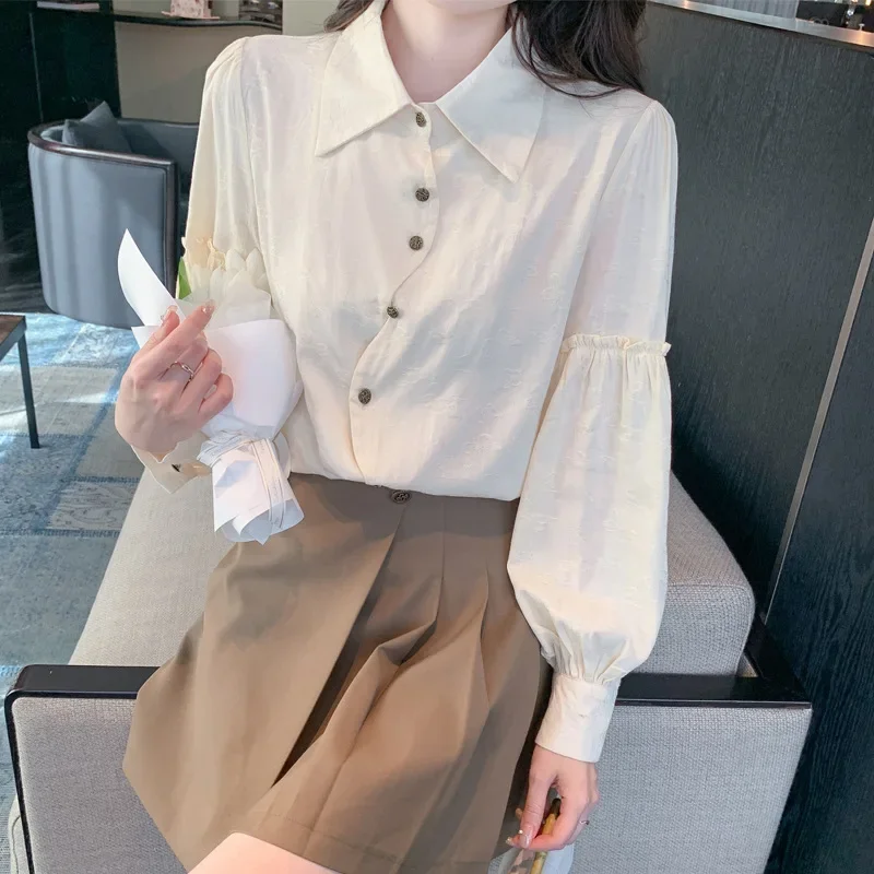 Элегантная жаккардовая рубашка с длинными рукавами в корейском стиле для женщин