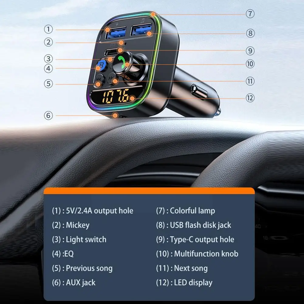 Bluetooth 5.3 FM Transmitter Wireless Bluetooth Car Call Radio Type-C AUX MP3 USB Adapter Receiver Car Charger Handsfree Pl T2C6 images - 6