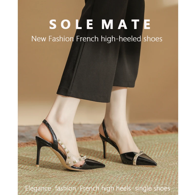 2023 SOLEMATE New Black Sheepskin Padded Riveted High Heels, Red Thin Heel Willow Studded Single Shoes, Hollow Sandals for Women