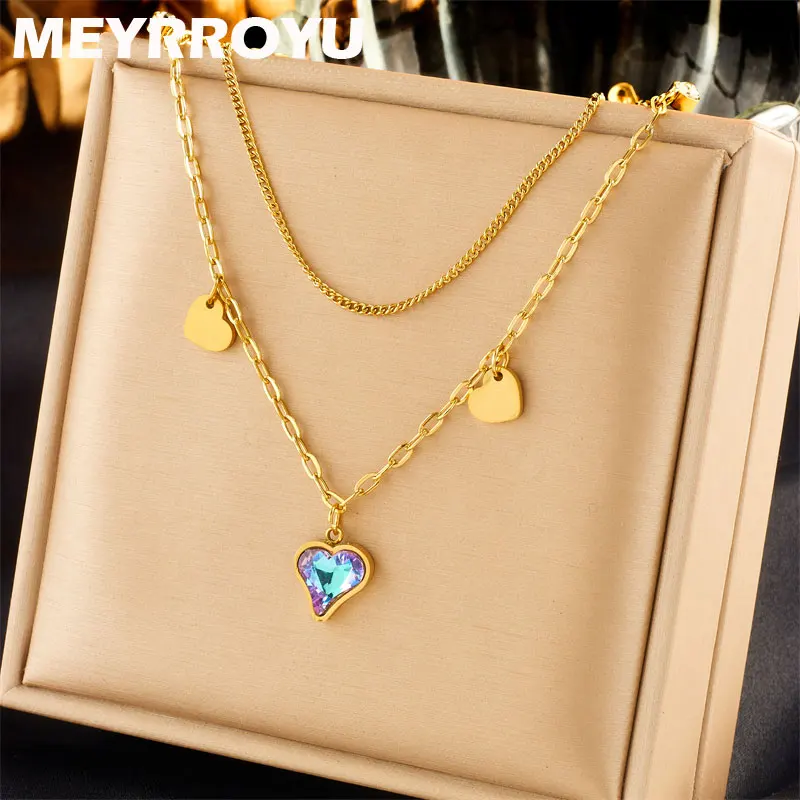 

MEYRROYU 316L Stainless Steel Retro Simple Double Chain Clavicle Chain 3 Hearts Pendant Necklace For Women Jewelry