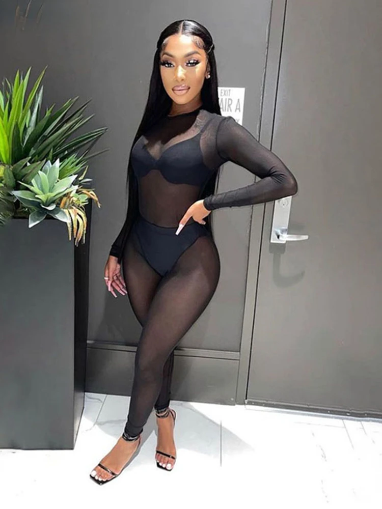 

Sexy Jumpsuit Women See Through Sheer Mesh Autumn Sheath Patchwork Hot Midnight Style One Pieces Cleavage Female Clubwear