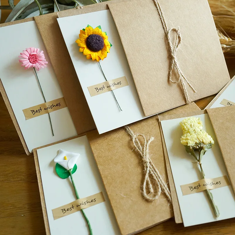 

3/5/10Pcs Dried Flowers Greeting Card DIY Kraft Paper Handwritten Blessing Greeting Cards Valentine's Day Invitation Envelopes