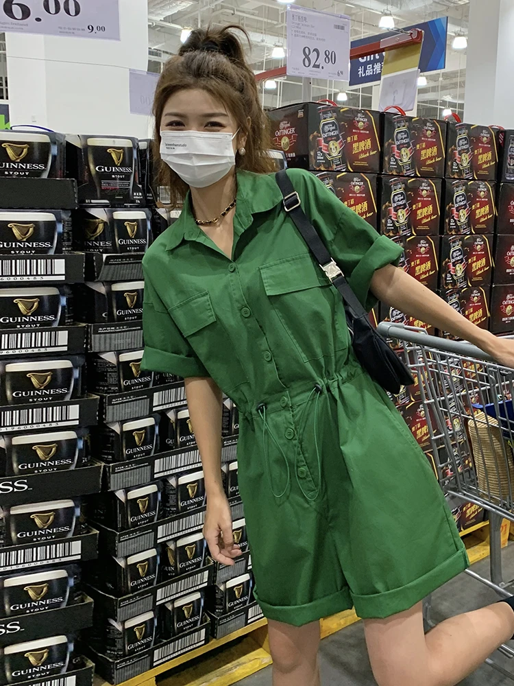 

Green Jumpsuit Shorts 2022 Summer Women Streetwear Hip Hop Drawstring Waist Loose Short Sleeve One Piece Overalls Rompers 6075