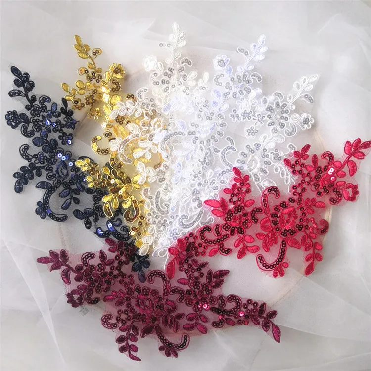 

4Pcs/2pairs 24x10cm Delicate Embroidered Sequins Gold Red Ivory Lace Applique Wedding Accessories multicolor Lace Cord DIY