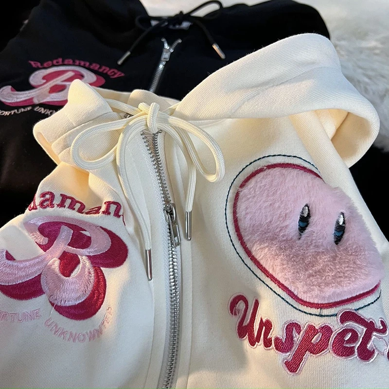 

Kawaii Embroidery Love Hoodie Autumn Women's Wear bf Street Retro Couple Korean Fashion Sweatshirt Zipper Coat