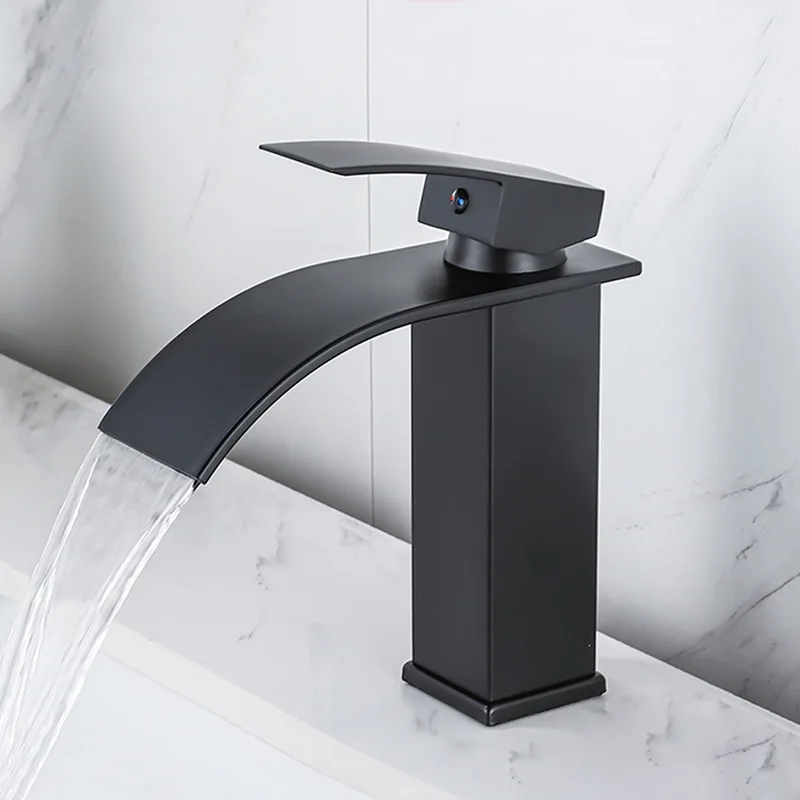 

Matte Black Basin Faucet Deck Mounted Single Lever Bathroom Crane Waterfall Brass Bathroom Tap Hot Cold Water Mixer Taps