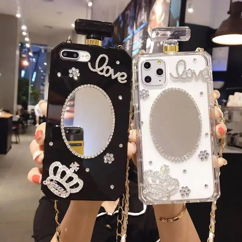 

Luxury Crystal Diamond Glitter Bling Mirror Lanyard Perfume Bottle Case For Samsung Galaxy S10 S20 Plus S21 FE S22 S23 Note20