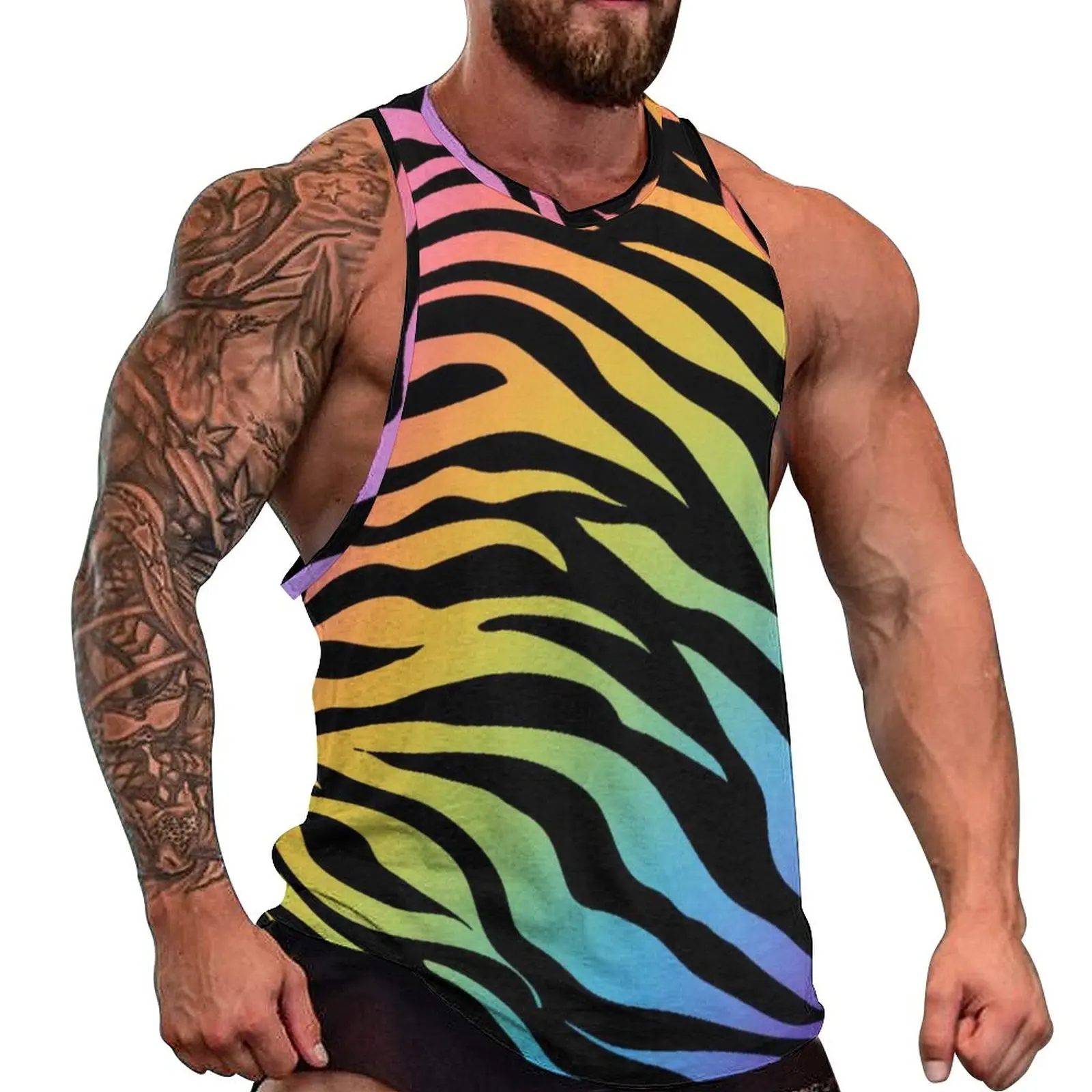 

Zebra Stripes Rainbow Tank Top Animal Gradient Print Sportswear Tops Summer Workout Male Design Sleeveless Vests Plus Size 5XL