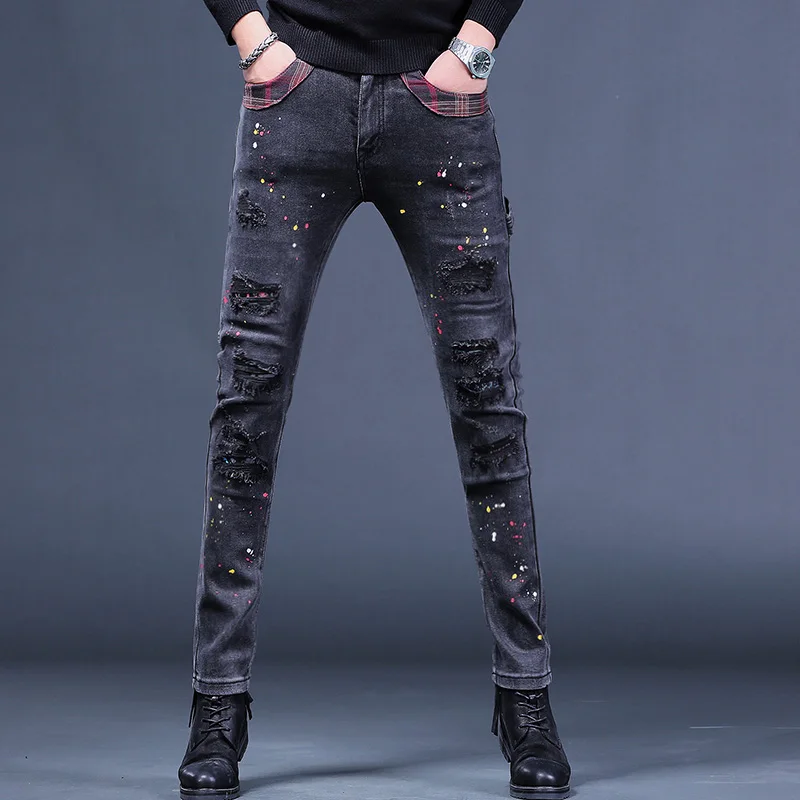 Men Ripped Patches Black Gray Jeans Autumn Slim Fit Mens Pants Fashion Dots Printed Plaid Patchwork Stretch Denim Trousers