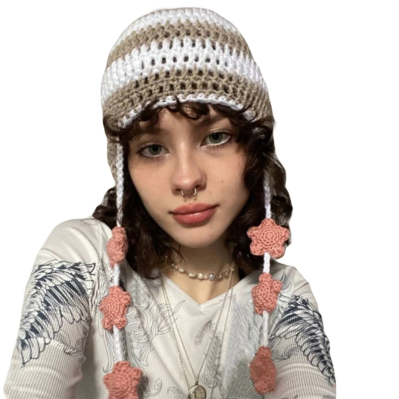 

YILEEGOO Warm Knit Hats with Ear Flaps Star Beanies for Women Winter Grunge Crochet Skull Caps