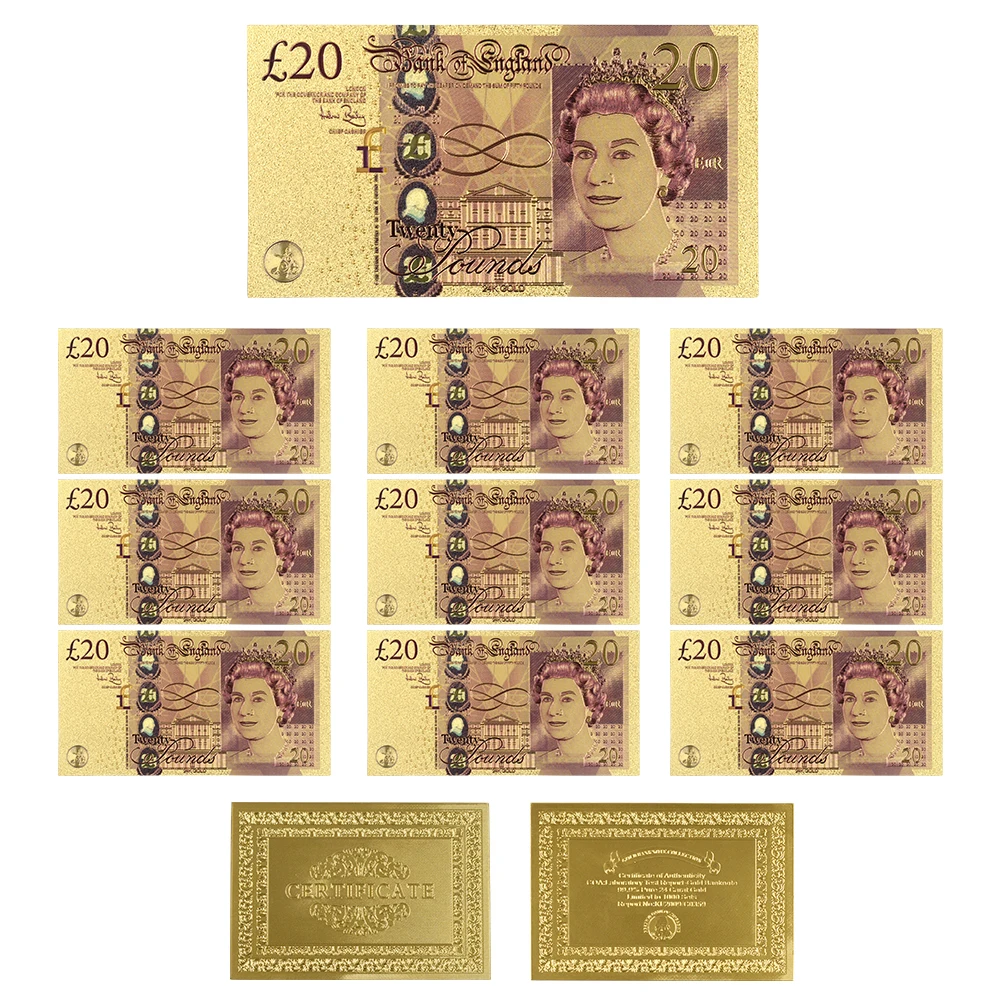 

United Kingdom 20 Pound Colorful Gold Foil Banknote Nice Gold Plated GBP Fake Paper Money 10pcs/lot Worth Collecting