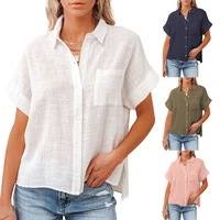 womens cotton linen shirts summer new ladies loose lapel rolled short sleeve button blouse side slit pocket famale streetwear