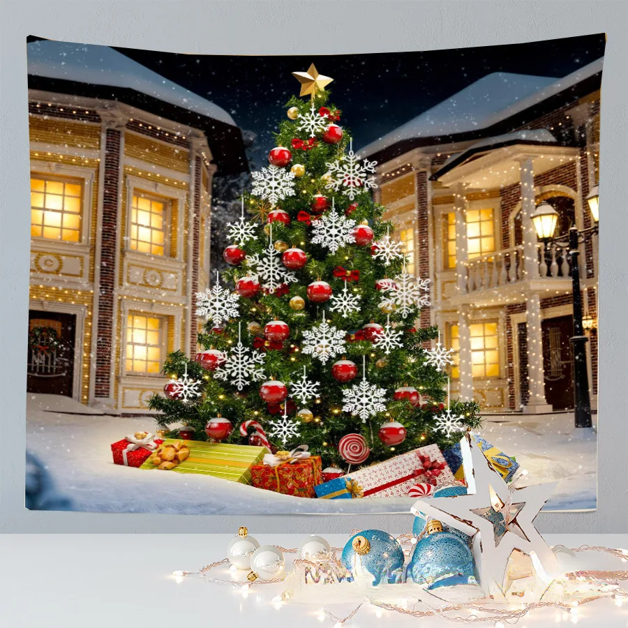 

Christmas Tapestry Woods Snow Scene Wall Hanging New Year Gift Christmas Tree Tapestry Bedroom Curtain Dormitory Home Decor