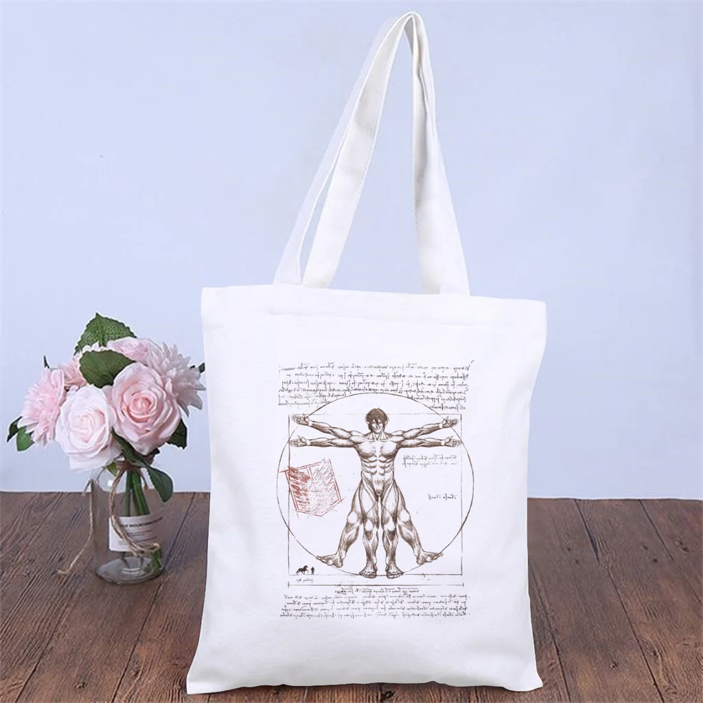 

Vitruvian ErenHandbag Attack On Titan Shoulder Canva Bag Unisex Pocket Double Print Shopper HandBags Vintage Pouch Tote Bag