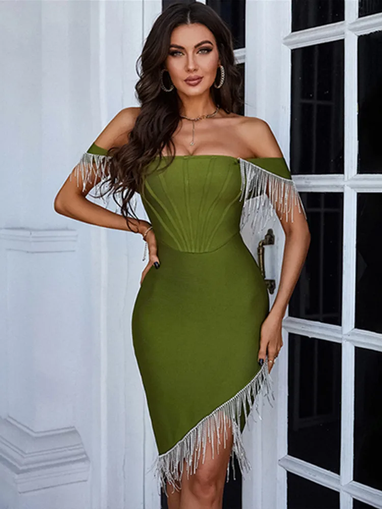 

KLEEZY Summer Sexy Off Shoulder Army Green Red Diamonds Tassel Mini Bodycon Bandage Dress Elegant Evening Party Dress Vestido
