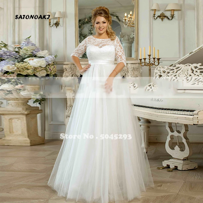 

Simple Plus Size Tulle Wedding Dress For Woman With Half Sleeve Floor Length Lace-up Back Princesa Bridal Gown Vestidos De Novia