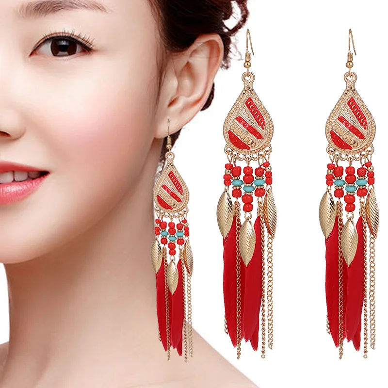 

Creative Feather Earrings, Bohemian Style Rice Bead Dangle Earring, Long Water Drop Tassel Female Jewelry