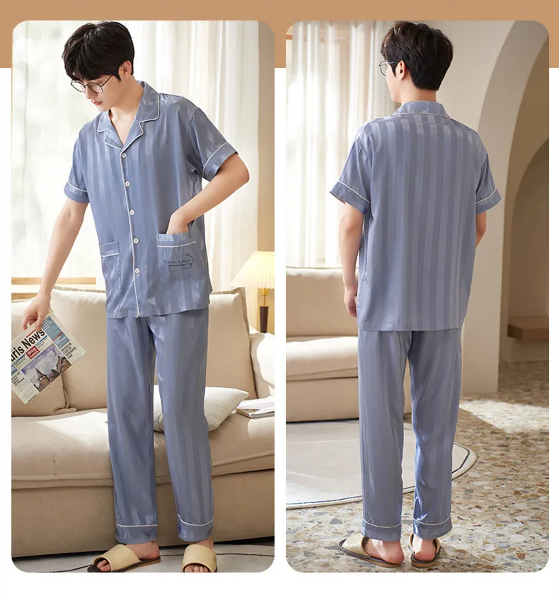 Yasuk All Season  Fashion Ice Silk Pajamas For Men's Long Sleeve Stripe Sleepwear Casual Pocket Homewear Soft Solid Simple