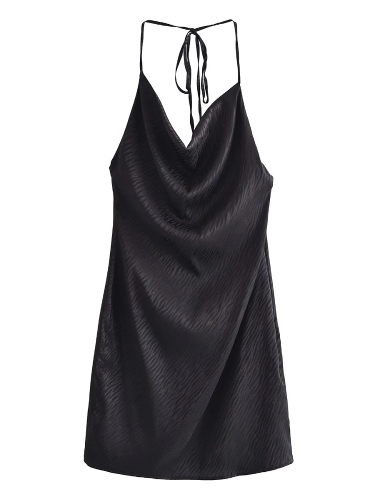

XEASY Vintage 2022 New Summer Satin Solid Women Sexy Mini Dresses Fashion Female Backless Sleeveless Club Dress Slim Chic