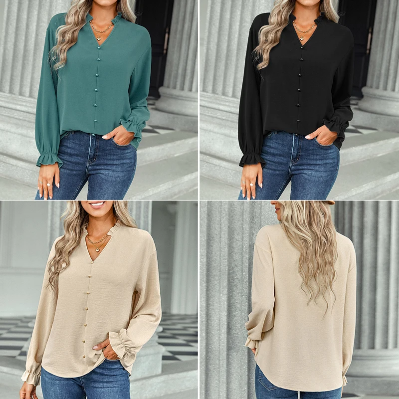 

Women's Blouses Long Sleeve V Neck Solid Tops Female Work Wear Casual Fashion Elegant Shirt Blusas Mujer Spring Autumn New Style