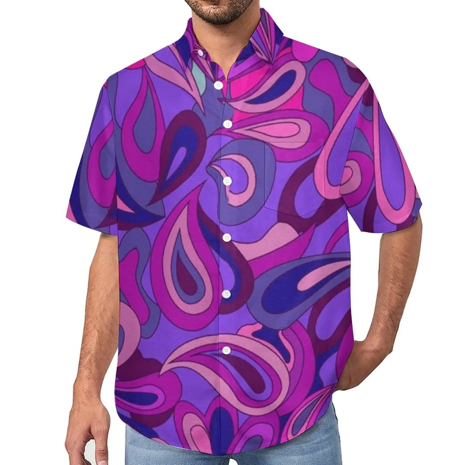 

Фиолетовые повседневные рубашки с принтом пейсли, психоделическая пляжная рубашка в стиле хиппи, летние уличные стильные блузки, мужские графические блузки