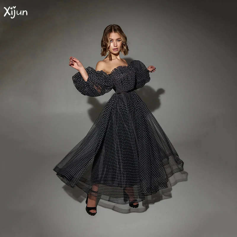 

Xijun трапециевидные платья в горошек для выпускного вечера тюлевые платья с открытыми плечами для вечевечерние для женщин с открытой спиной съемные пышные рукава вечернее платье